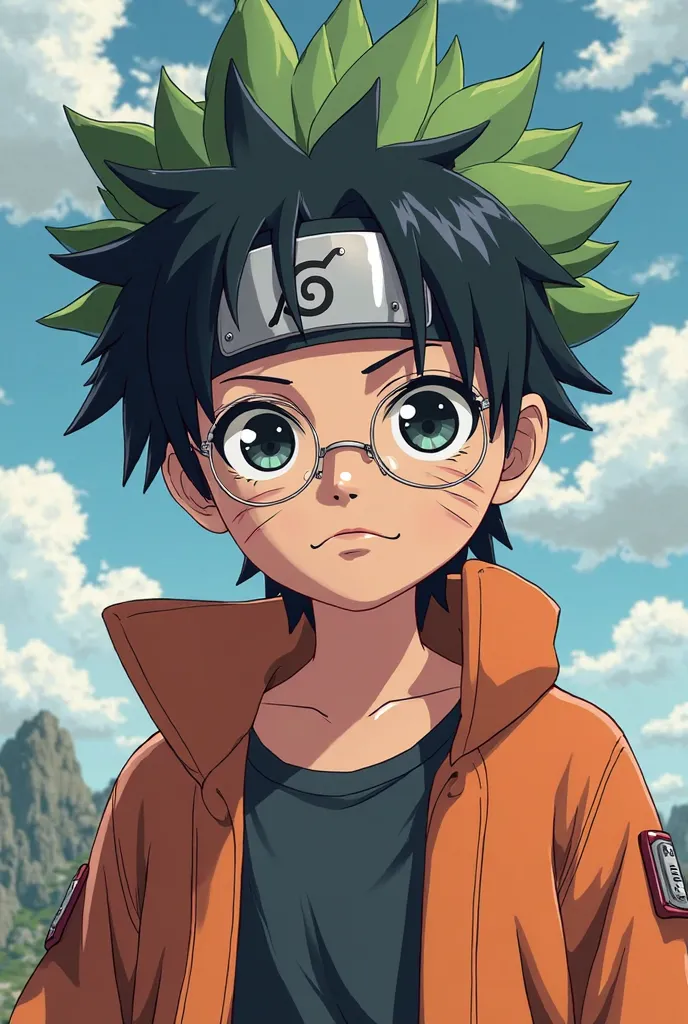 make a anime character with Naruto art style with a luffy (one piece) hair style from gear 5, leaf headband (Naruto series), sun shade glasses that of gojo saturo (jujutsu kaisen), mask of Kakashi hatake (Naruto series).make a anime character with Naruto a...