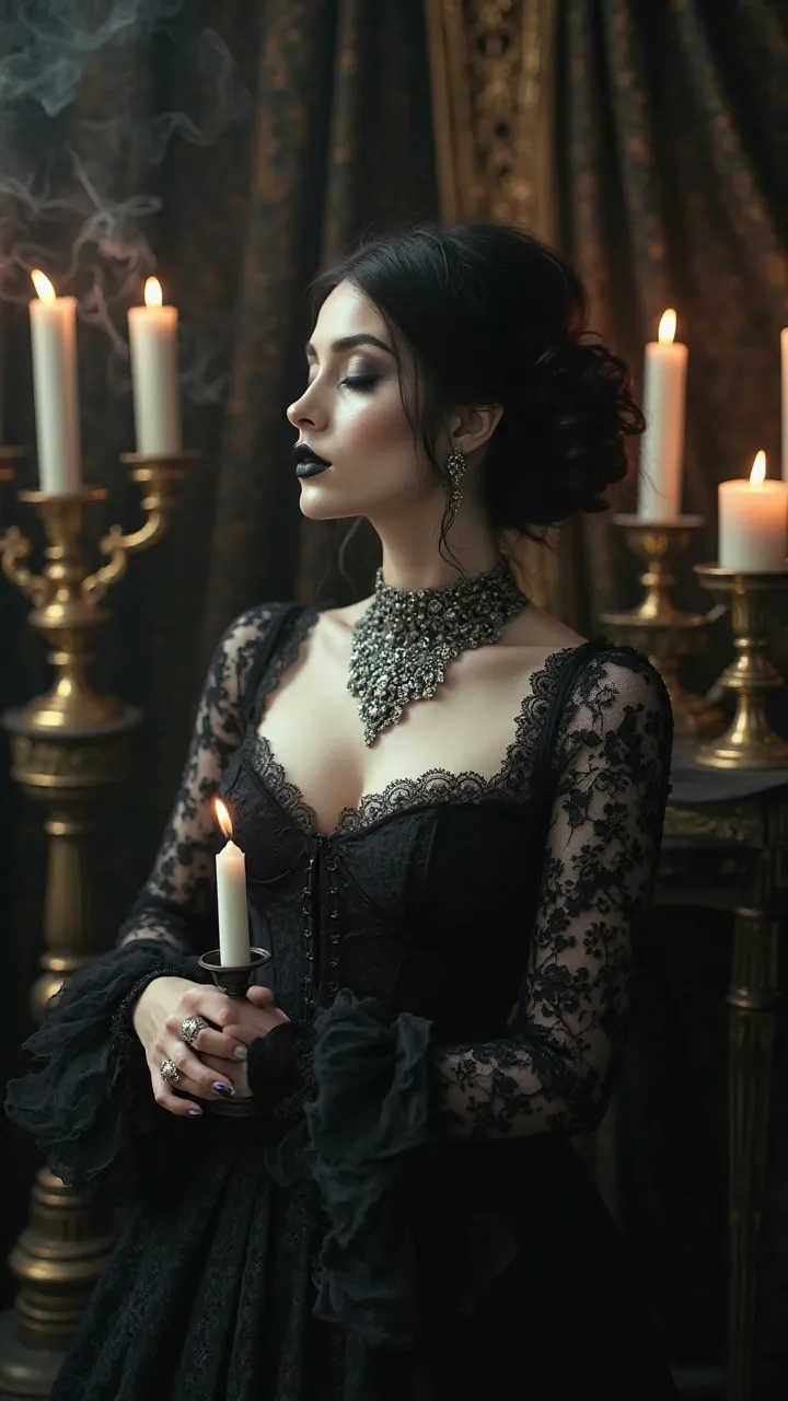 This image portrays a mystical, gothic-inspired woman in a dark, Victorian-style setting, evoking themes of elegance, mystery, and the supernatural.

Description:
	1.	Appearance & Expression:
	•	The woman has a porcelain-pale complexion, contrasting dramat...