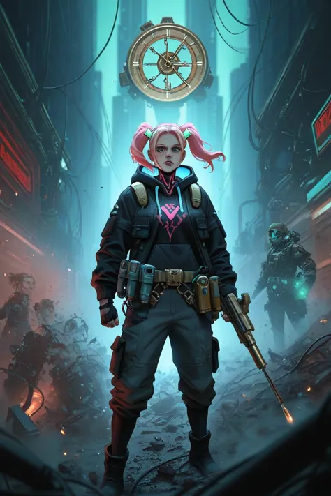 Prompt 


A fierce cyberpunk-style female soldier in striking pink pigtails, and traces of battle stains on his face, sprinted forward with determination. He wears a black hoodie with the symbol 'X', fingerless gloves, and an all-purpose belt filled with f...