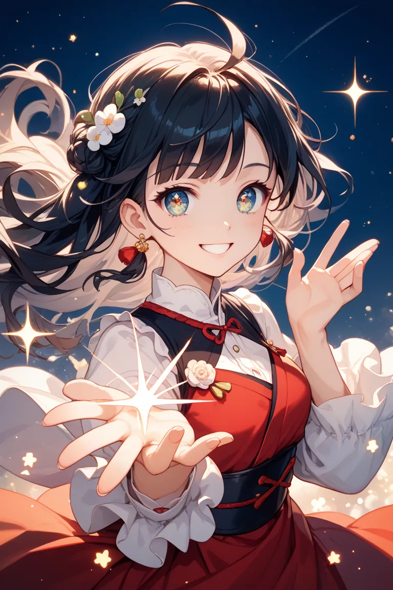 “A cute anime-style girl with pastel colors, joyfully raising both hands in the air in a cheerful ‘banzai’ pose. Her long, flowing black hair moves slightly as she expresses pure happiness and excitement. Her sparkling eyes shine brightly, and she has a wi...