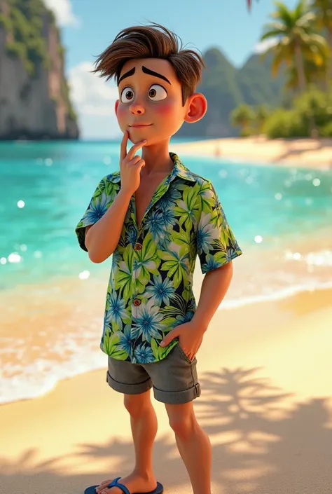 /imagine
"A beautifully cinematic and expressive 3D-rendered character in the iconic Disney Pixar style: a 17-year-old young man standing on a breathtaking tropical beach, lost in deep thought. He wears a stylish Hawaiian shirt adorned with a bold floral p...