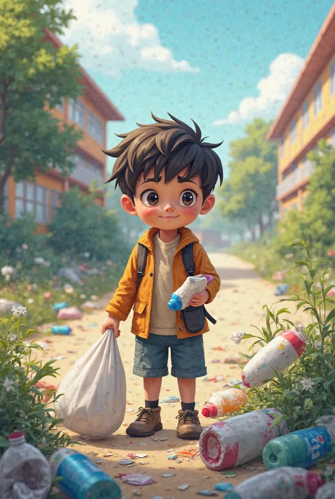 Boy collecting rubbish in school alone