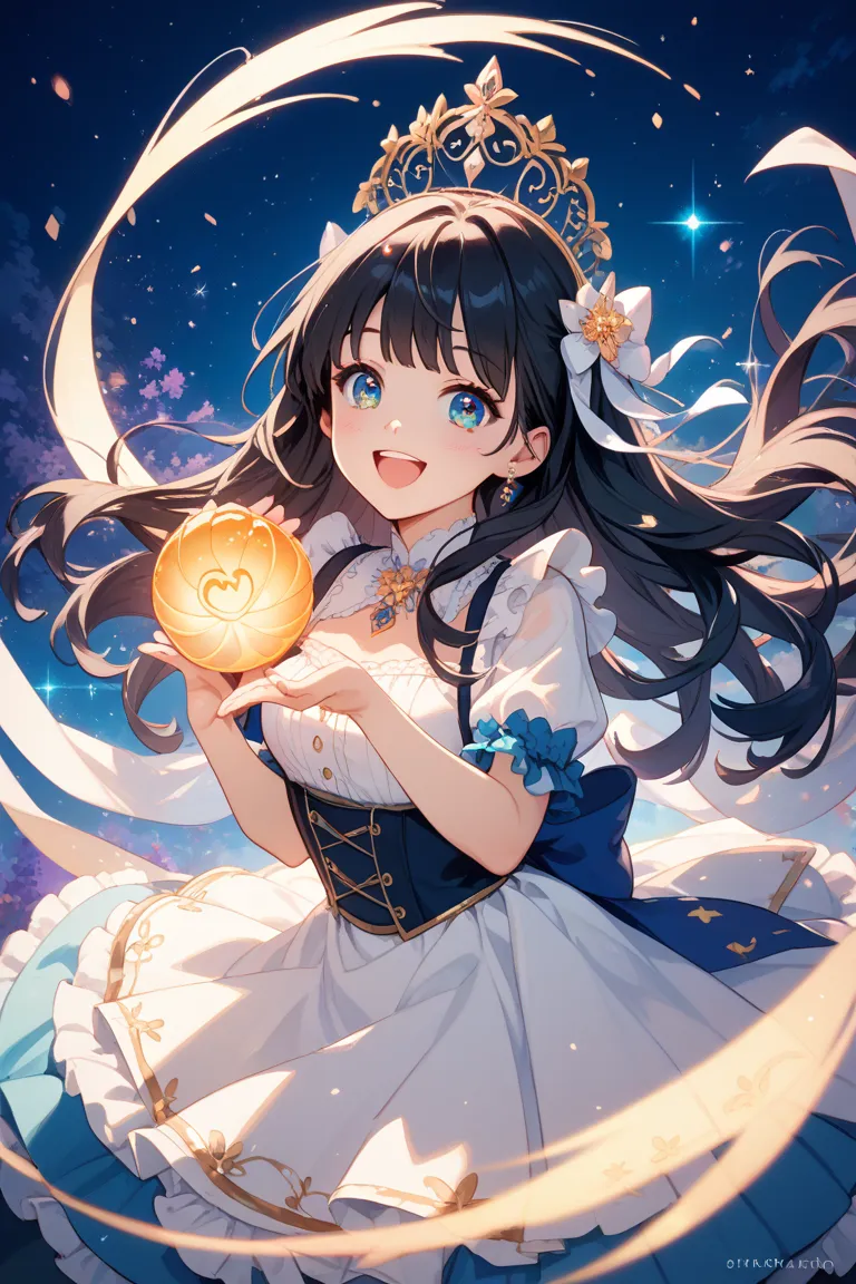 A cute anime-style girl with pastel colors, happily raising both hands in the air in an excited and joyful pose. Her long, flowing black hair moves slightly as she expresses pure delight. Her sparkling eyes shine brightly, and she has a wide, radiant smile...