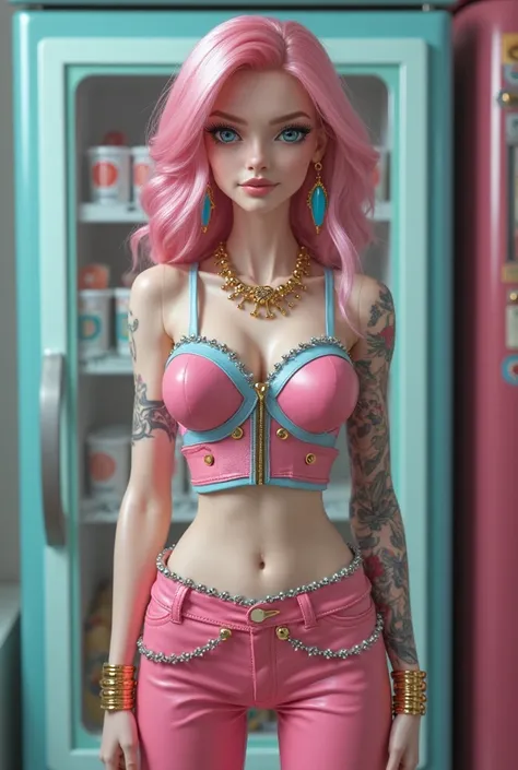 Real girl from the front look.  34 years old.  busty .  Well defined body . white skin. semi-wavy pink and blue hair. She has a corsett-type top made of vinyl leather in the color navel. pants tied to her pink vinyl leather body with metallic ornaments. ha...