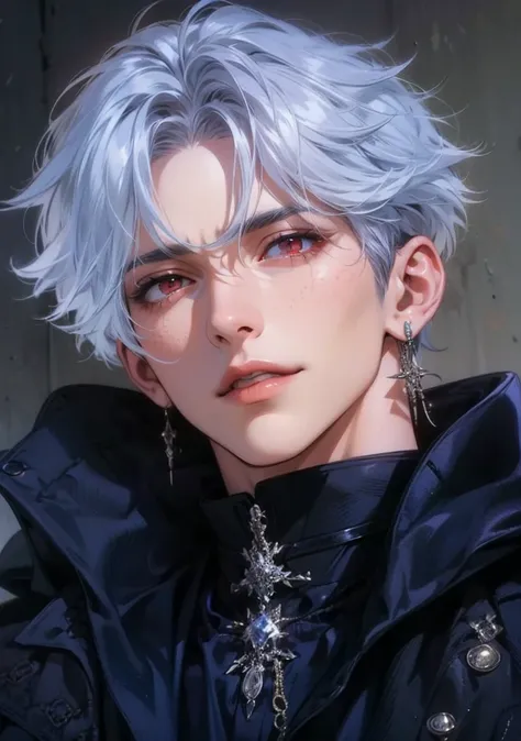 (masterpiece, Top Quality, best quality, official art, beautiful and artistic:1.2), (1 male), extremely detailed,(Fractal Art:1.3),colorful,Most detailed、Gray Hair、Short Hair、white hair、Length 180cm、 red eyes、 Muscular Body、wearing a black suit