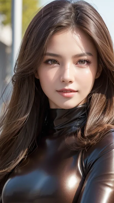 ((Realistic lighting, Highest quality, 8k, masterpiece:1.3)), Sharp focus:1.2, One girl, Beautiful woman with perfect figure:1.2,  ((Dark brown hair)), (Leisure Set:1.2）,（outside，morning：1.2），City streets，Ultra-fine face，Beautiful Eyes，double eyelid，Latex ...