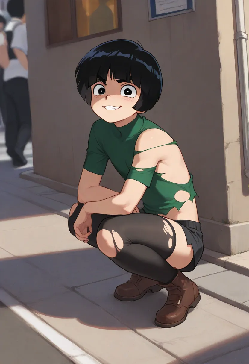 (masterpiece), best quality, expressive eyes, perfect face, black thighhighs, full body,street,squatting in street,torn shirt,naughty face,looking at viewer,male focus,boy,shota,femboy,multiple boys, ageprogression,rock lee,