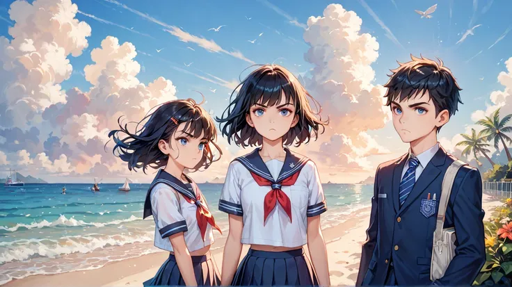 2 high school students, male and female, wearing school uniforms, seaside, dynamic movement, serious expression, black hair