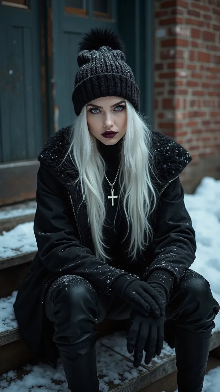 This image portrays a mysterious and stylish winter aesthetic with a dark, gothic vibe.

Description:
	1.	Appearance & Expression:
	•	The woman has long, platinum-white hair, which contrasts beautifully with her dark outfit.
	•	Her intense, piercing blue e...