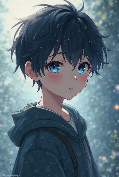 A dark-haired boy with an adorable face,short stature thin blue eyes and pale skin short anime-style hair