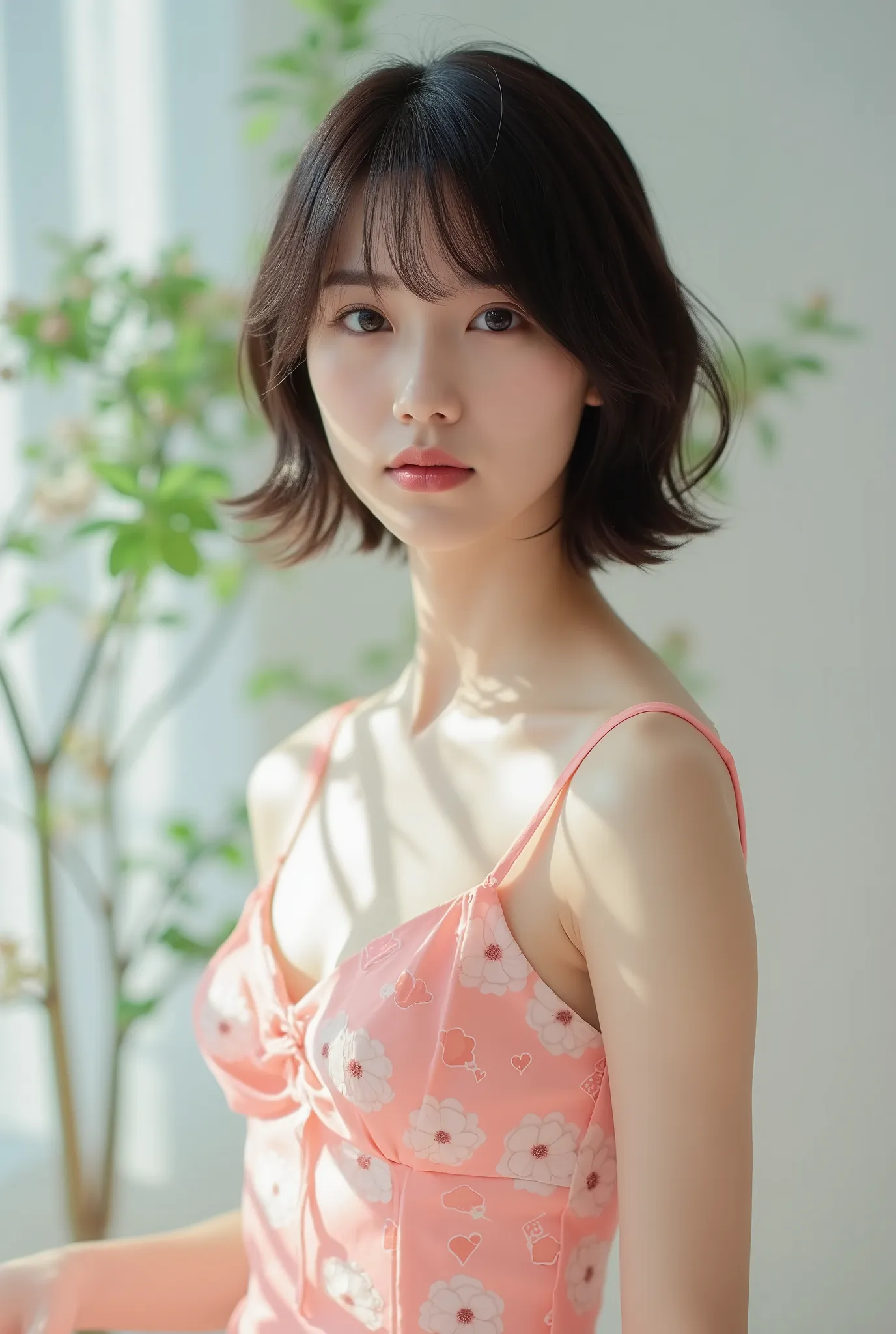 Create a portrait of a stunning Japanese idol girl, styled for a fashion magazine gravure shoot. She has a slender physique with a small bust and slim legs, featuring short hair. The outfit should reflect a spring-themed look, embodying freshness and elega...