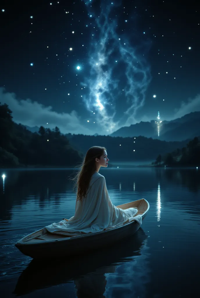 Amazing Moonlight, sparkling stars, A beautiful lake where a boat sails in which a beautiful girl with a smile sails, in the Soft Blanket,  is sitting, wrapped,  Beautiful, is sexy, her Long Beautiful Hair They lie well all over the blanket, , unusual litt...