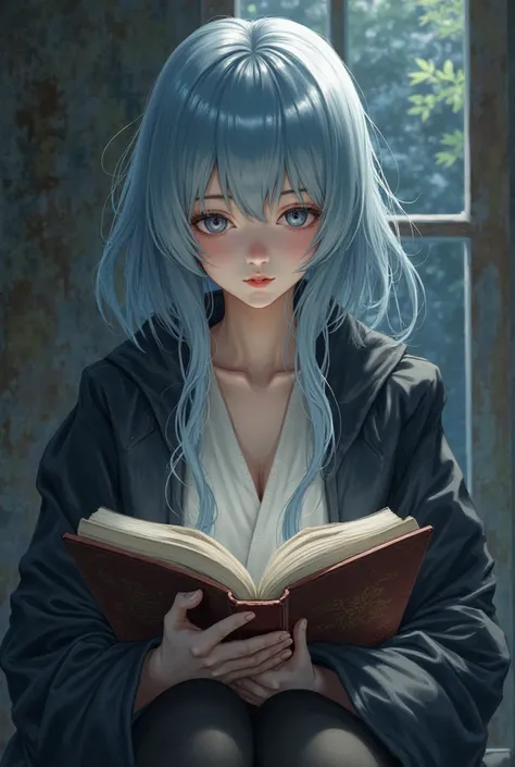 Light blue haired woman sitting down reading a book with a dark coat 