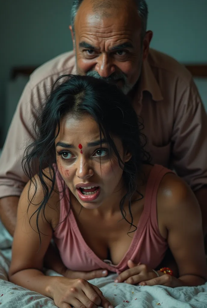 in a dimly light setting A voluptuous 25 year old indian lady with dusky skin with completely sweaty hairs, she is wearing a pink night dress, wearing a red small bindi between her eyebrow's lady wearing a thin an long necklace, she has a surprised look in...