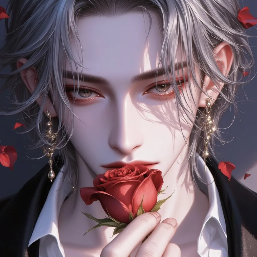 （（masterpiece）），（Best Quality））），Very detailed，handsome man，（Very Exquisite Beautiful Face），（Beautiful Eyes Every Detail）， breasts covered with rose petals，（Full Muscles，Multicolor silver /blue/ gray hair ），Full Muscles，perfect eyes，puppy ears，Focus on the...