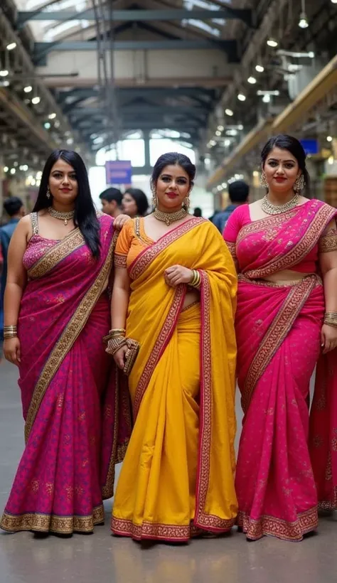 Sexy indian Bride's group with big breast and big butts  exhausting  colourful saree costume ,  exhausting  👠, fashion closeup in an Indian train station. 