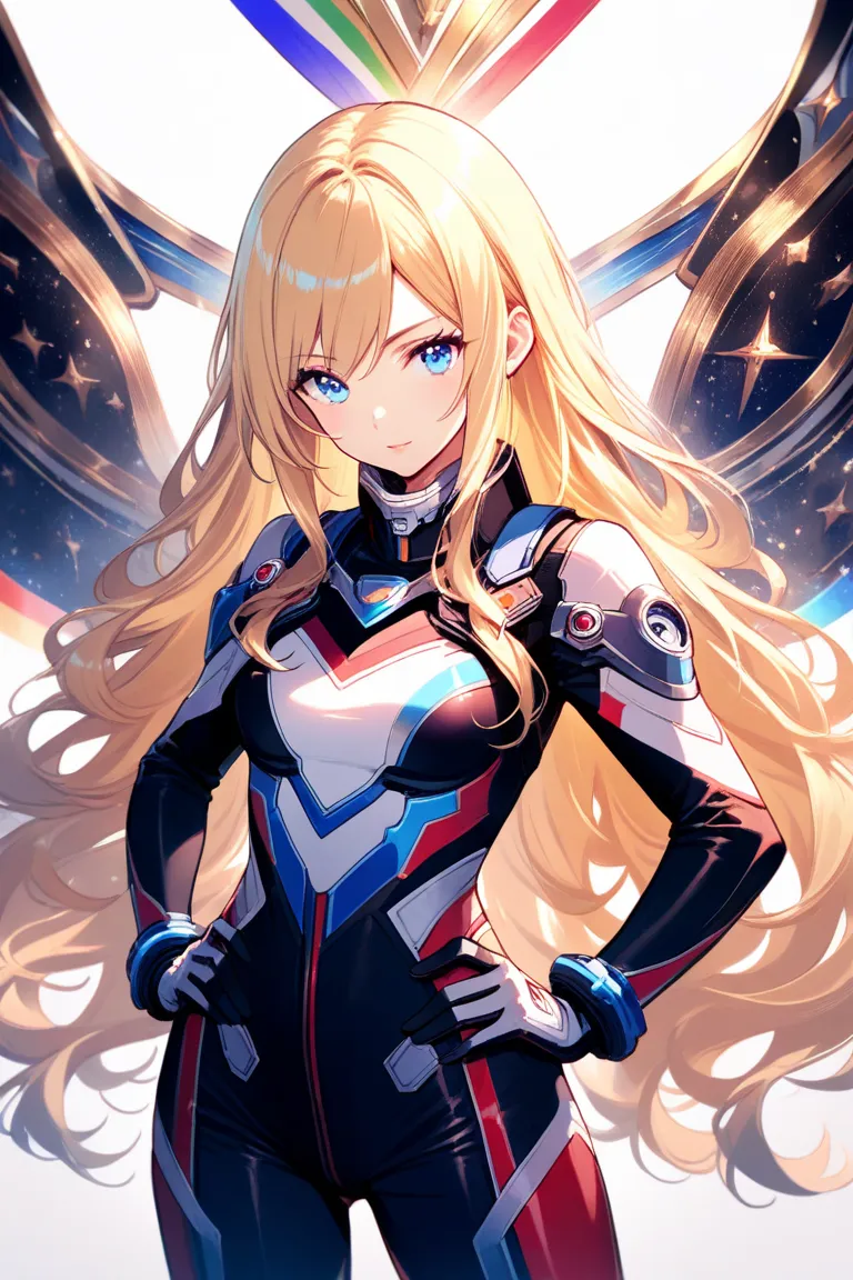 woman, Age 15, Alone,
Beautiful blonde,  Wavy Long Hair ,
Clear bright blue eyes, 
pilot suit, 
Poses with hands on hips
nice,  Confidence , pride,
masterpiece, best quality, very beautiful, very well detailed, 