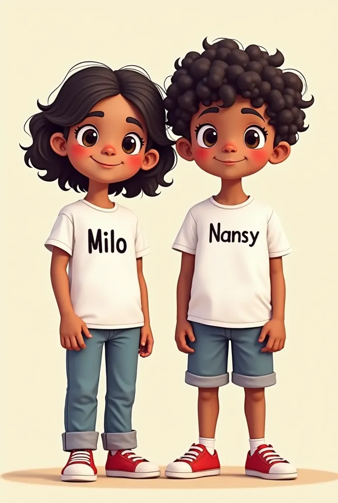  A girl curly hair, big eye, Tamil look, Her tshirts Name 'Milo' a Tamil boy his tshirts Name 'Nansy'
White color tshirts , cartoon looks