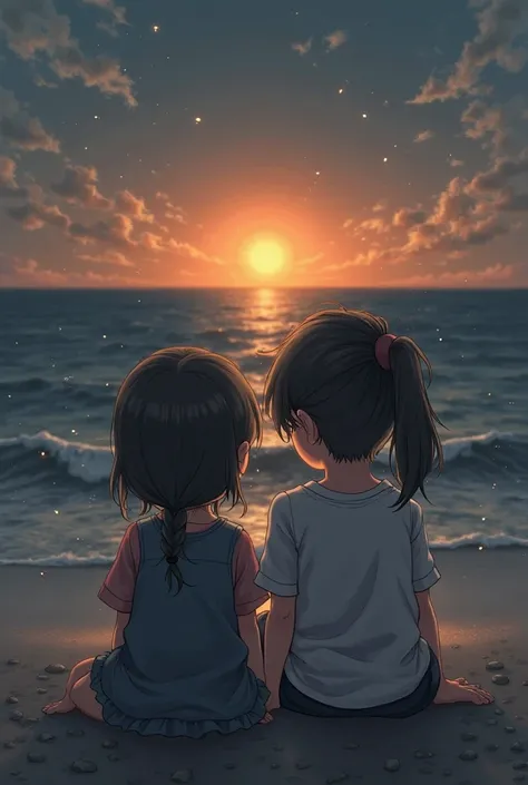 Young girl and boy sit on beach look sunset ,dark theme, sadly mood image should landscape and anime character 