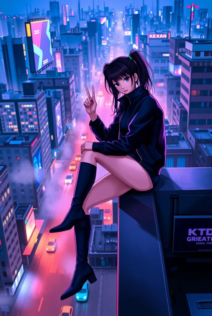 Niji_anime, High-resolution anime-style illustration with bold painterly textures, vibrant metallic colors in the environment, and dynamic neon lighting. A young woman sits on the edge of a rooftop in side profile, overlooking a sprawling cyberpunk citysca...