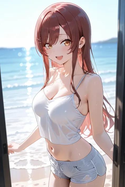 depth of field, masterpiece, best quality, good quality, newest, ultra quality, high detailed, beach, idolmaster, osaki amana, happy, medium breasts, camisole, hot pants, bare legs, full body