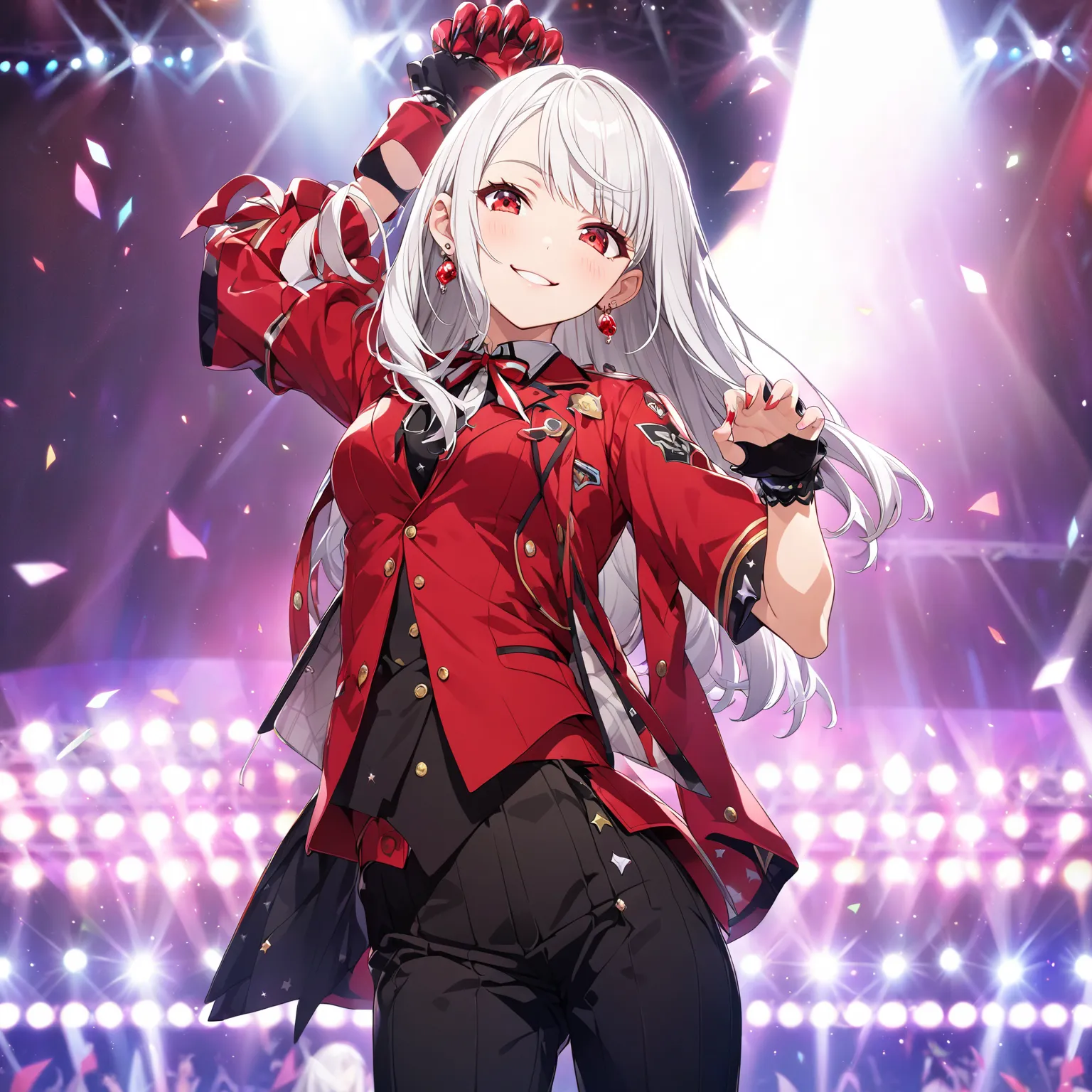 best quality, official art, college age, straight hair, asymmetrical bangs, white hair, very many earrings, idol stage, blurry background, from below, look at viewer, looking down, claw pose, medium breasts, red eye, smile, 