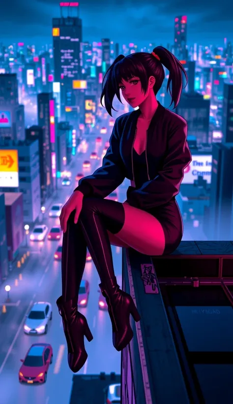 Niji_anime, High-resolution anime-style illustration with bold painterly textures, vibrant metallic colors in the environment, and dynamic neon lighting. A young woman sits on the edge of a rooftop in side profile, overlooking a sprawling cyberpunk citysca...