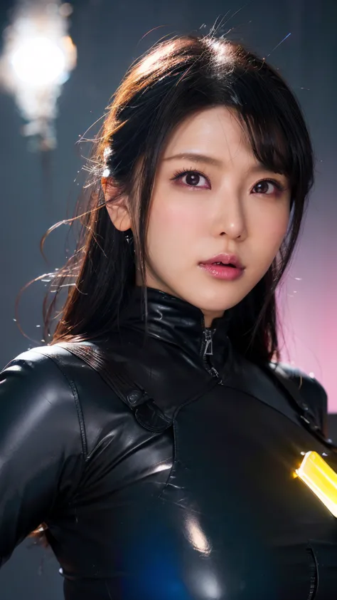 Live action photography，COS Shimohira Reika，Black long straight，tight black leather combat suits covering the whole body，blue fluorescent ring decoration at the joints。full body shot，Dark blue soft light，huge breasts，The explosion emits ，Vision，front，Charm...