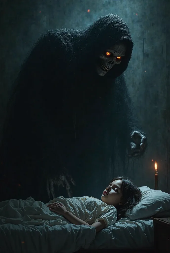 Create a realistic image of the scary oily man looming over the sleepy girl on the bed in midnight at the bedroom.