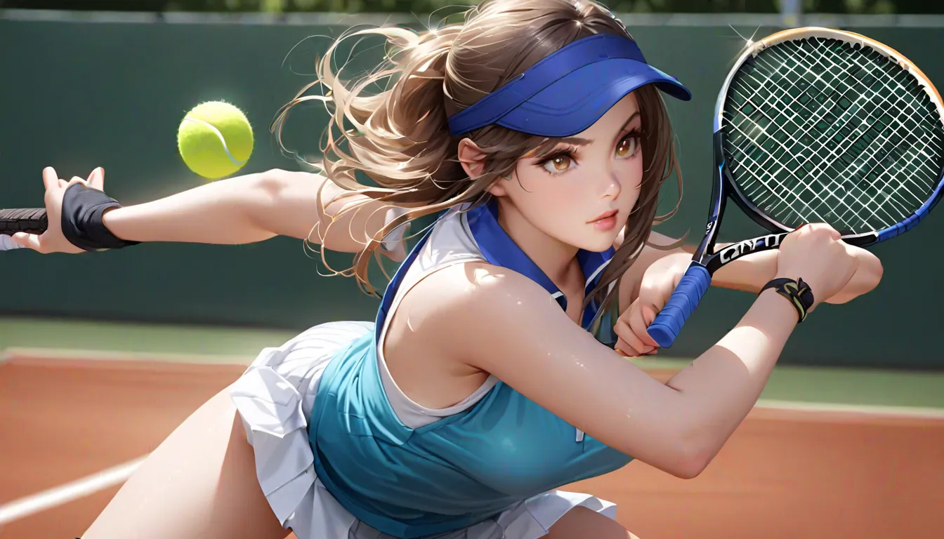 Photorealistic Quality、水色のtennis wearーを着てテニスラケットを振っている２０female college student , a girl  playing tennis, tennis wear,  playing tennis,  realistic racket , beautiful eyes with attention to detail、 playing tennisアイドル、 gray court 、 the moment the yellow ball ...