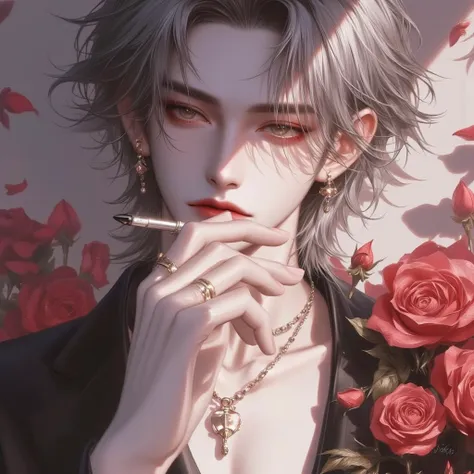 （（masterpiece）），（Best Quality））），Very detailed，handsome man，（Very Exquisite Beautiful Face），（Beautiful Eyes Every Detail）， breasts covered with rose petals，（Full Muscles，Multicolor silver /blue/ gray hair ），Full Muscles，perfect eyes，puppy ears，Focus on the...