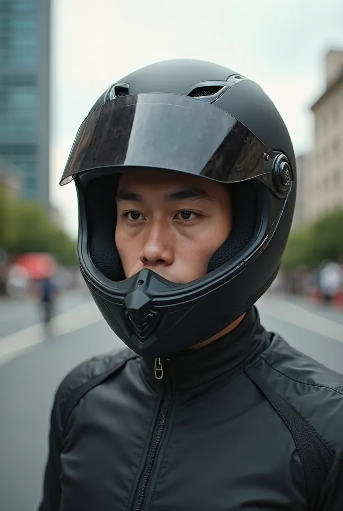 Young guy wearing a motorcycle helmet 