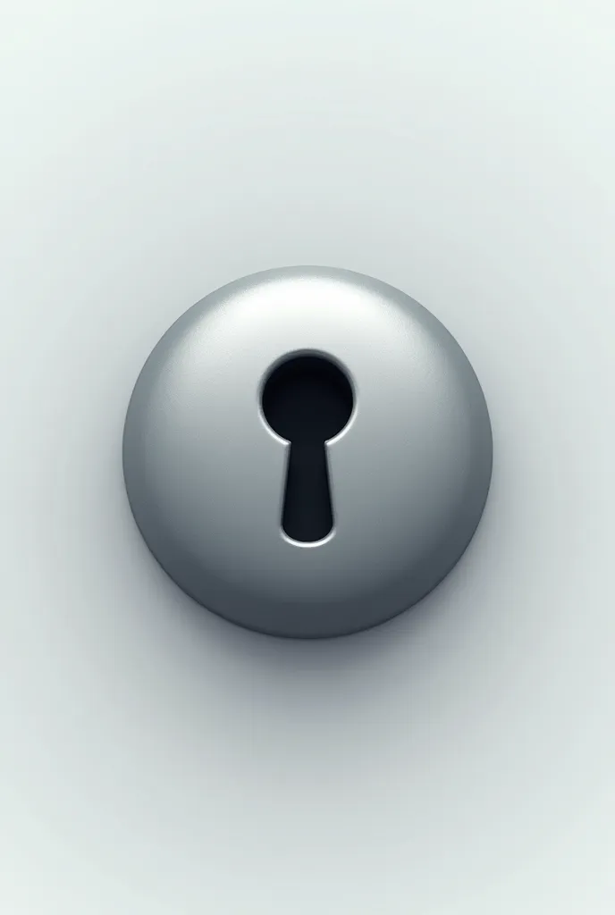 "A small, round metallic lock or button with a keyhole symbol at its center. The object has a reflective silver or gray surface with subtle shading and highlights, giving it a three-dimensional look. The keyhole is a dark silhouette, shaped like a classic ...