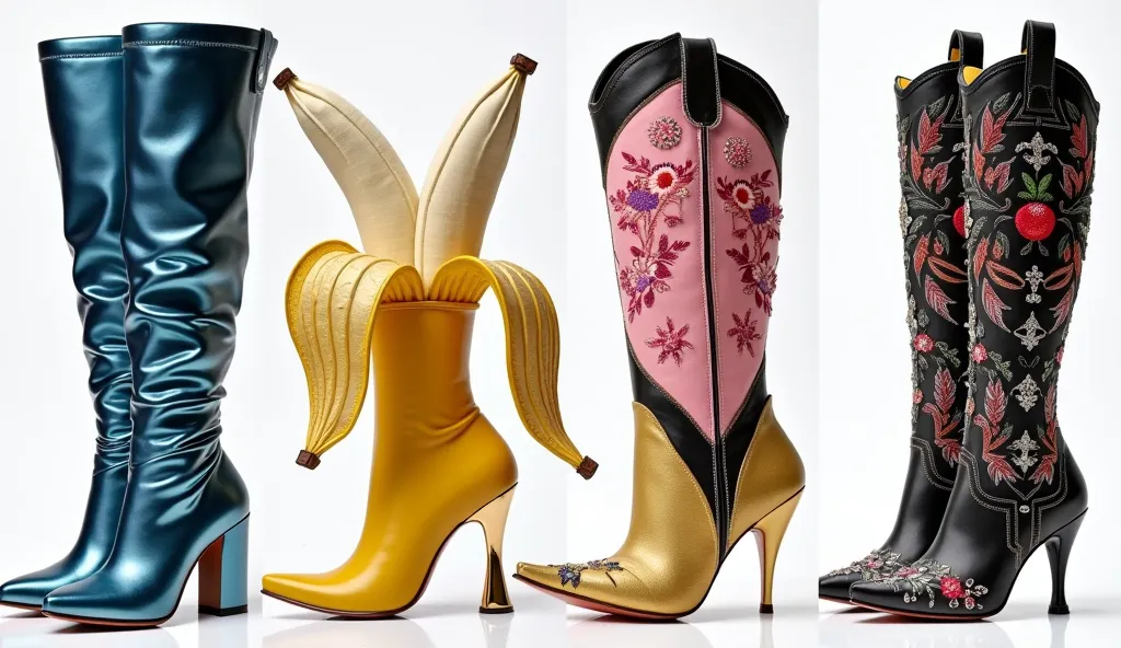 Here’s a detailed prompt to create a similar image:

"Create a collage of six unique and artistic high-fashion boots, each with a striking and unconventional design.

1. The first pair should be metallic blue, knee-high boots with a glossy finish and a sli...