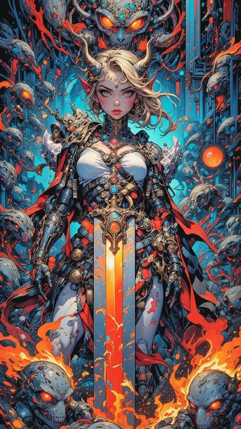 witness an important character、a partially mechanized female alien fighter，Equipment mechanically enhanced，Wear a delicate dress，skull ornaments，Holding a flaming sword，Her eyes are mesmerizing in this extraordinary piece of art。