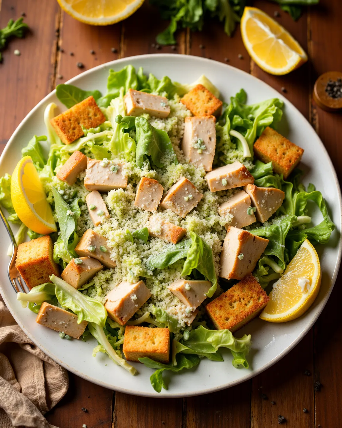 A plate of classic Caesar Salad featuring crisp romaine lettuce tossed in a creamy Caesar dressing made with anchovies, garlic, parmesan, and lemon juice. Topped with golden grilled chicken pieces, crunchy garlic croutons, and generous shavings of parmesan...