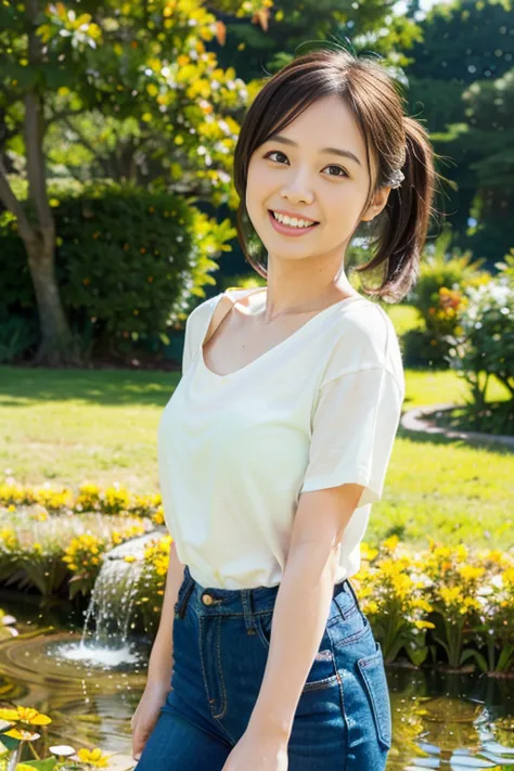 (8k, RAW photo, photorealistic, HQ, masterpiece, Brightly exposed photo), (Very elegant and beautiful, Perfect detail, Super detailed), a cute Japanese woman, (glowing eyes), (from below), 
(cute smile ), brown hair, low tied ponytail, (black T-shirt, jean...