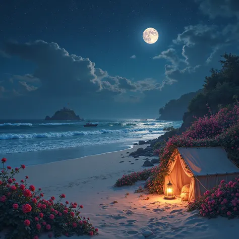 The best quality, a masterpiece, Ultra HD 8K image, vibrant details, a beautiful vast beach, gentle waves, a long sandy shore, small tents on the beach lit with lanterns, at night small boats in the distance with lights, a bright moon and many stars in the...