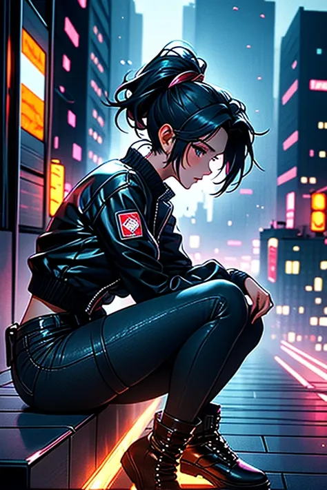 Niji_anime, High-resolution anime-style illustration with bold painterly textures, vibrant metallic colors in the environment, and dynamic neon lighting. A young woman sits on the edge of a rooftop in side profile, overlooking a sprawling cyberpunk citysca...