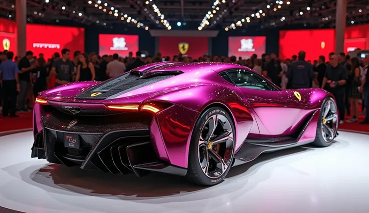 "Create a hyper-realistic image of a 2025 Ferrari SF90 concept car in a metallic pink chrome finish, displayed at a luxury auto show. The car is shown from a straight-back view, highlighting its aggressive aerodynamics, futuristic LED taillights, a large r...