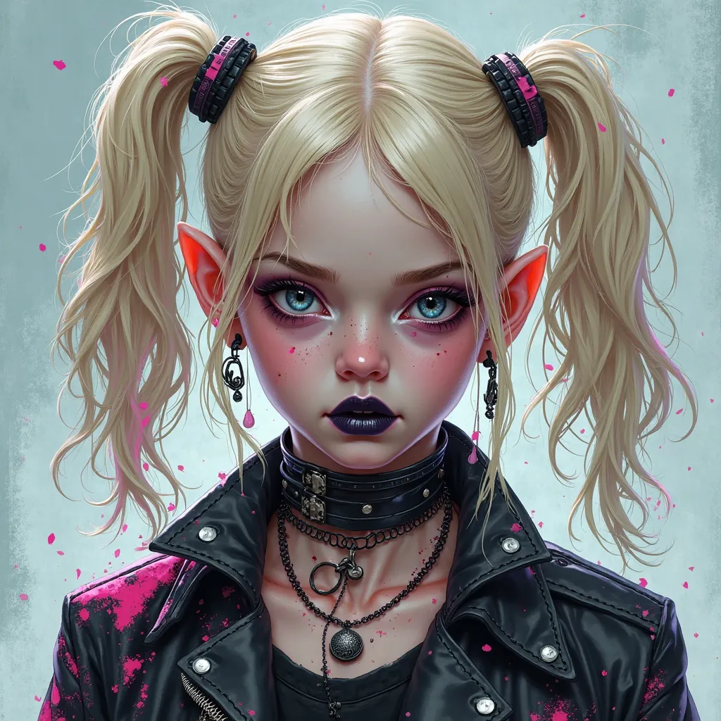 A highly detailed dark comic book illustration of an enigmatic young demon in human form portrayed by a young Jojo Siwa with pale skin blonde hair and demonic black eyes wearing a fusion of punk/metal clothing and Harajuku fashion in a dark urban fantasy s...