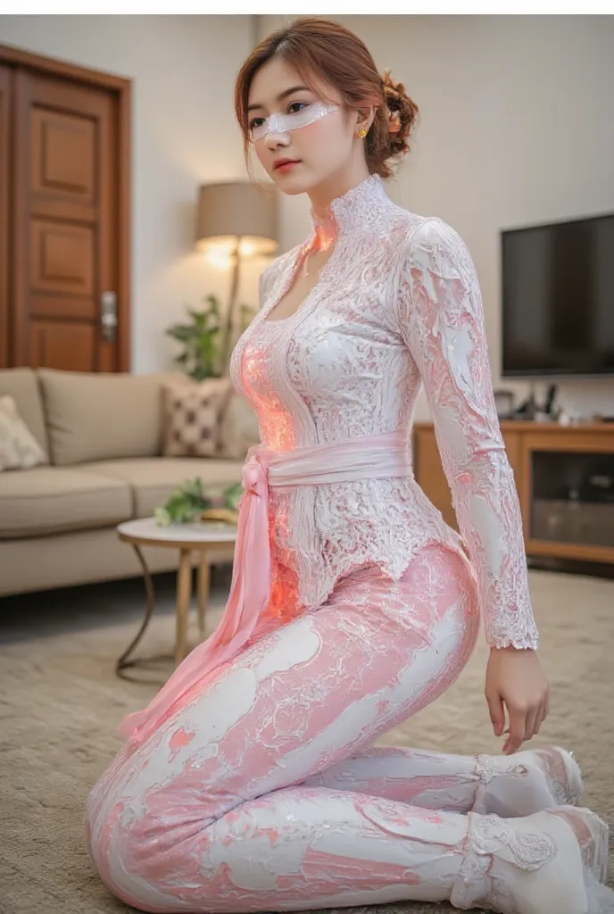 A beautiful Romanian woman with red-brown hair, possessing a Robotic Mecha Paladin body with a glowing dragon design. She is wearing a futuristic kebaya with white fabric and pink stripes, enhanced with neon mecha effects that glow softly. A small white cl...