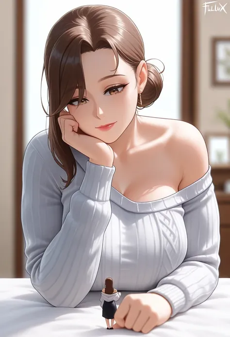 ( masterpiece, best quality, high,  ridiculous quality , original,  latest),  Hihelzflux, depth of field, rest, (1 Girl,  perfect figure, Perfect Anatomy), (brown hair,  asymmetrical bangs, Side hair, Hair Bun, hair off the shoulder to cover one eye), ( li...