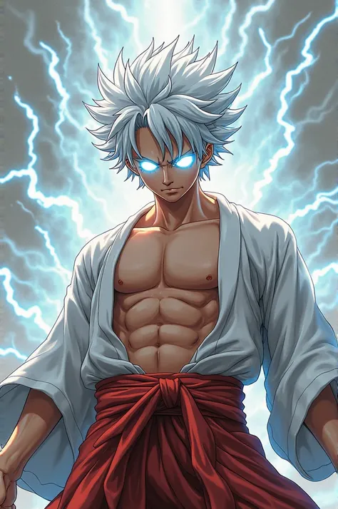 A half-body, realistic high-anime version of Luffy’s Gear 5, with 35% real texture blending. His snow-white hair flows wildly, and his eyes glow with divine energy. He wears his loose, open kimono, exposing his toned chest. Electricity-like effects subtly ...