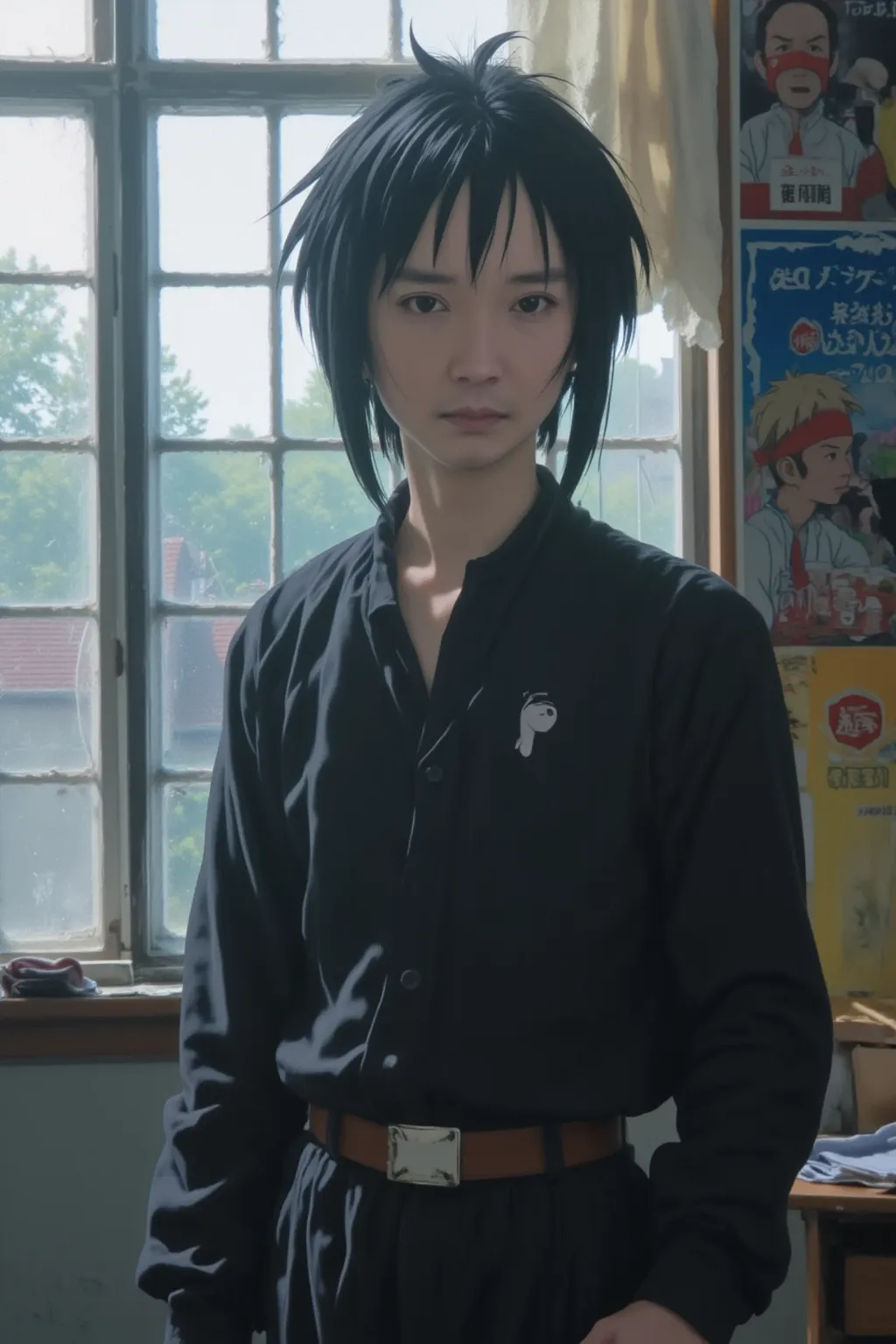 high resolution, rich contrast, best quality, anime style, 1boy  , Alone, (full body) 
BREAK 
High School Student,  male, Transfer Student,  mysterious , cool,  black hair, pale skin, expressionless, with long bangs hiding one eye, Black uniform, loosened ...