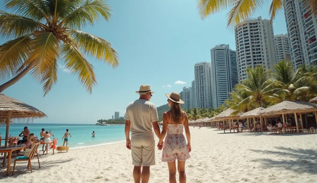 Selection 16:9 topic, answers to questions about Vietnam. In the foreground in the center, two tourists in their 50s, a man and a woman, European appearance wearing beachwear in panamas, ask each other questions, and are perplexed. You can see a white sand...