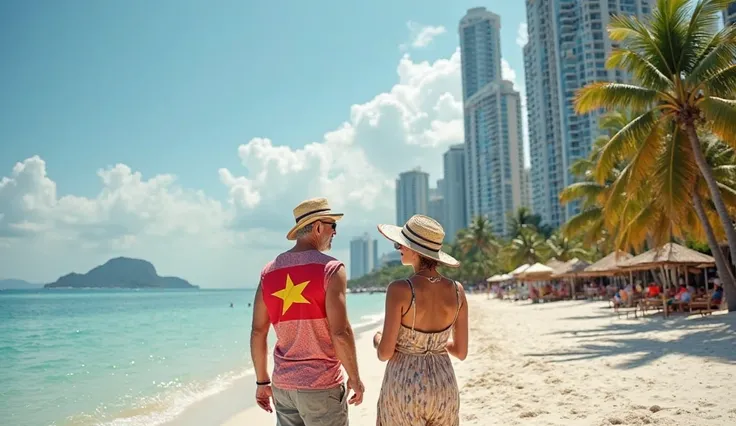 Selection 16:9 topic, answers to questions about Vietnam. In the foreground in the center, two tourists in their 50s, a man and a woman, European appearance wearing beachwear in panamas, ask each other questions, and are perplexed. You can see a white sand...