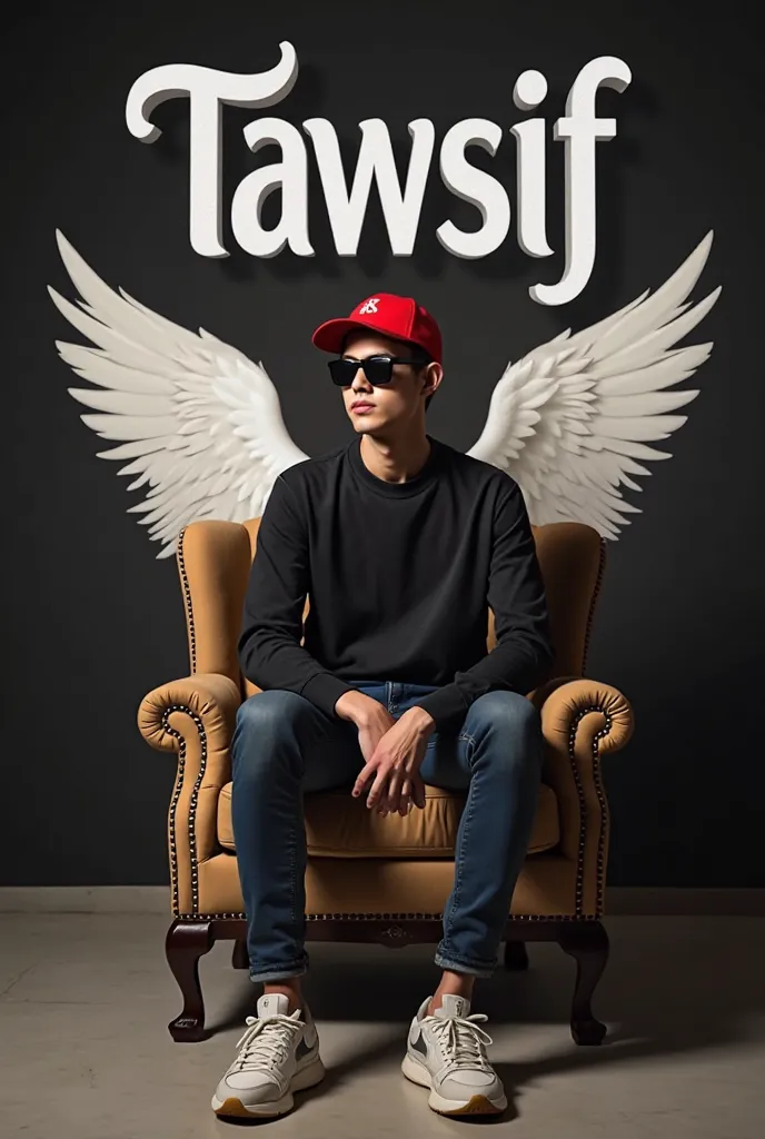 Create a 3D illusion for Instagram profile picture where a 22 years old girl's in a black shirt sits casually on a wingback chair. Wearing sneakers, a red cricket cap and sunglasses he look ahead. The background features  "Tawsif" in big a capital white po...