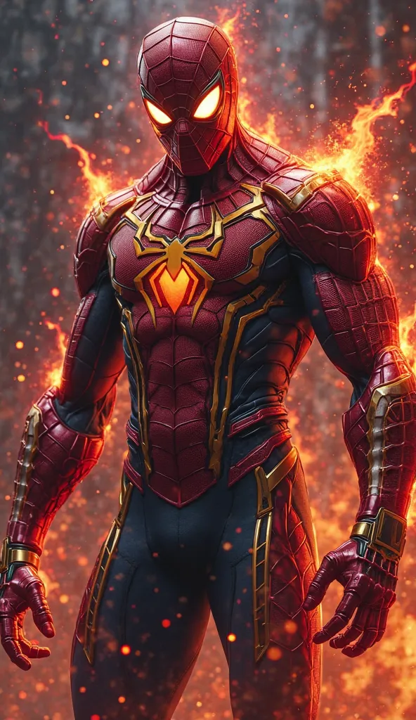 Create an image of a hybrid being that seamlessly merges the characteristics of Spider-Man and thanos into one powerful, monstrous entity. The creature should have the webbed suit texture of Spider-Man with metallic red and gold plating integrated througho...