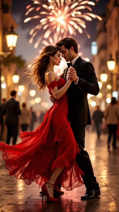 She's a woman with big breasts and a slender body.I'm dancing tango in a red dress with beautiful lace.It's a square where fireworks explode and festivals are held.best image quality, top quality, 8k,dynamic movement with heels